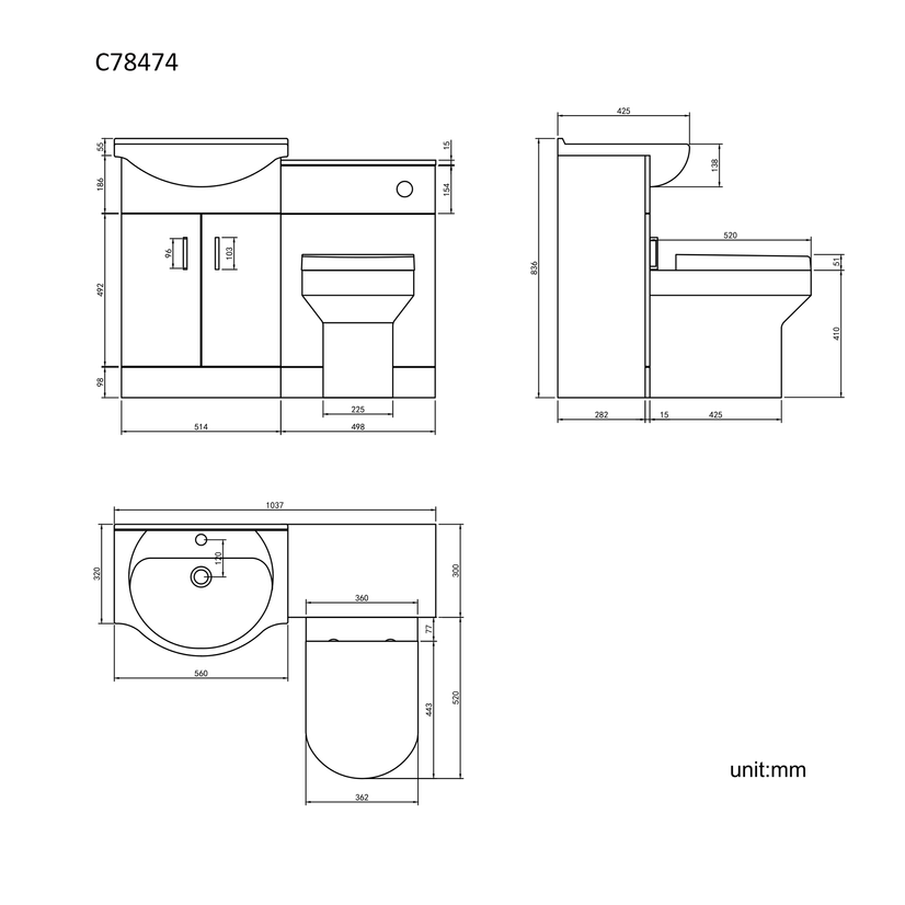 Quartz Gloss White Combination Vanity Basin and Denver Toilet 1050mm - Black Accents