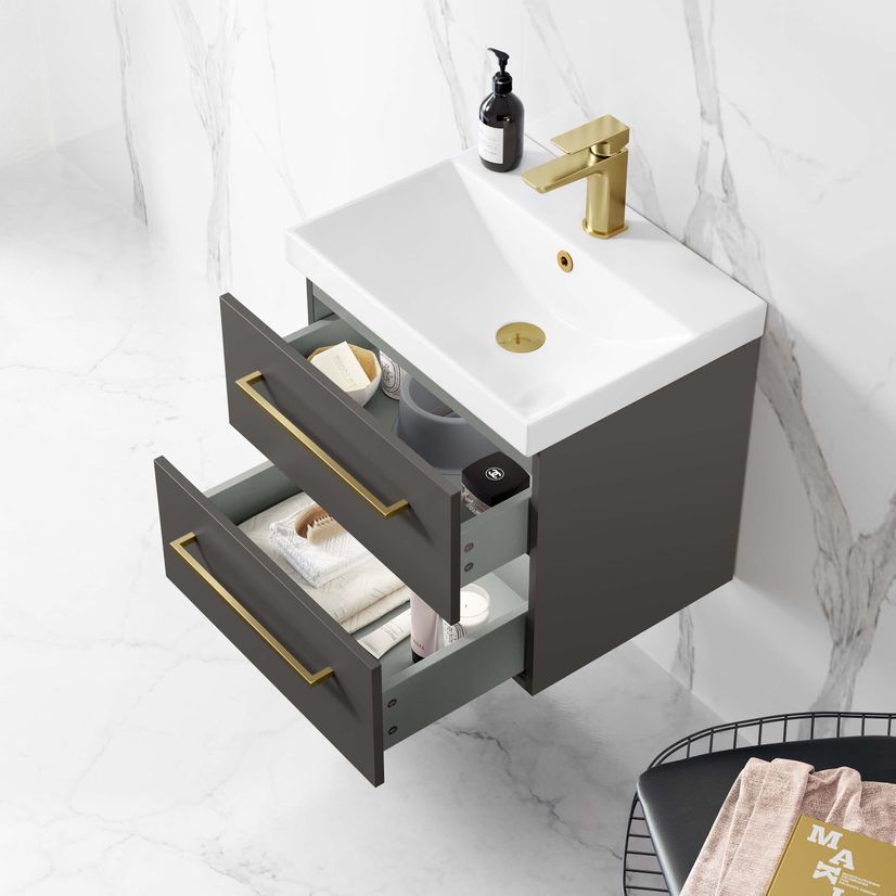 Elba Graphite Grey Wall Hung Basin Drawer Vanity 500mm - Brushed Brass Accents