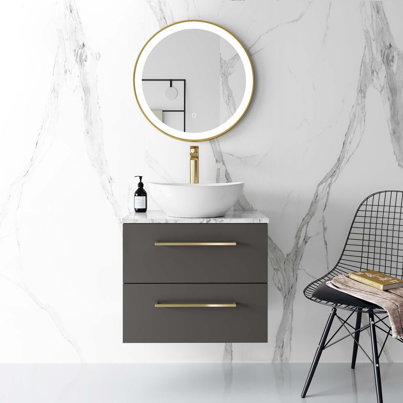 Elba Graphite Grey Wall Hung Drawer Vanity with Marble Top & Oval Counter Top Basin 600mm - Brushed Brass Accents
