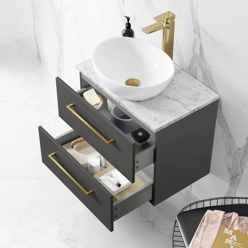 Elba Graphite Grey Wall Hung Drawer Vanity with Marble Top & Oval Counter Top Basin 600mm - Brushed Brass Accents