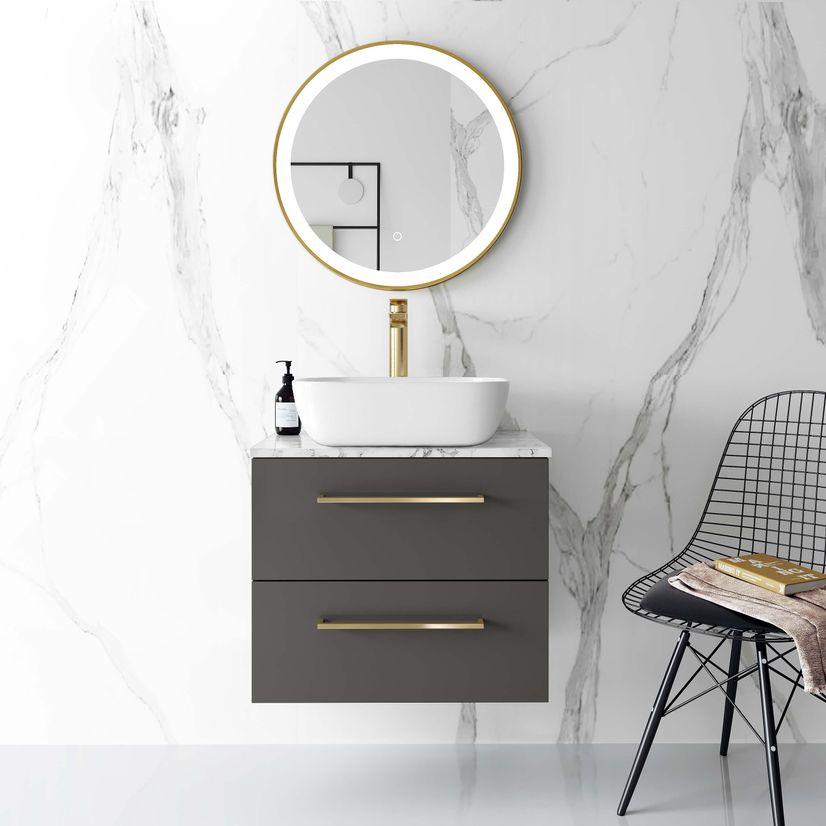 Elba Graphite Grey Wall Hung Drawer Vanity with Marble Top & Curved Counter Top Basin 600mm - Brushed Brass Accents