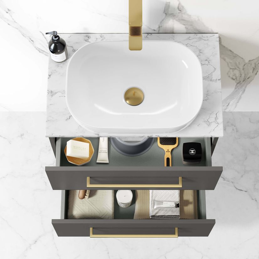 Elba Graphite Grey Wall Hung Drawer Vanity with Marble Top & Curved Counter Top Basin 600mm - Brushed Brass Accents