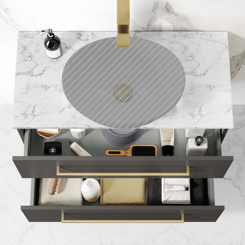 Elba Graphite Grey Wall Hung Drawer 800mm Excludes Counter Top Basin - Brushed Brass Accents