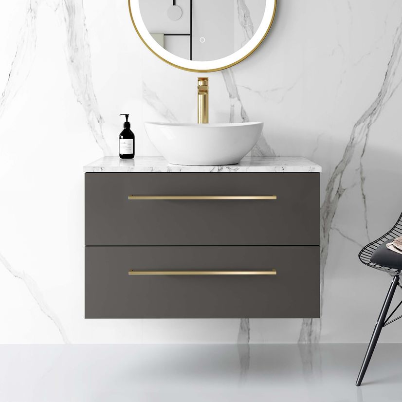 Elba Graphite Grey Wall Hung Drawer Vanity with Marble Top & Oval Counter Top Basin 800mm - Brushed Brass Accents