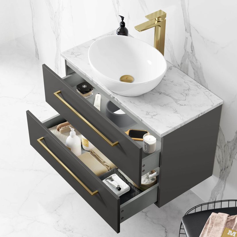 Elba Graphite Grey Wall Hung Drawer Vanity with Marble Top & Oval Counter Top Basin 800mm - Brushed Brass Accents