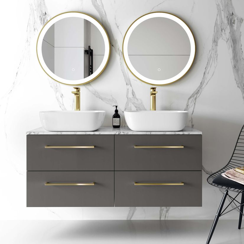 Elba Graphite Grey Double Wall Hung Drawer Vanity with Marble Top & Curved Basin 1200mm - Brushed Brass Accents