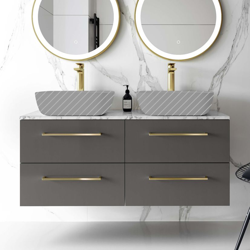 Elba Graphite Grey Wall Hung Drawer with Marble Top 1200mm Excludes Basins - Brushed Brass Accents