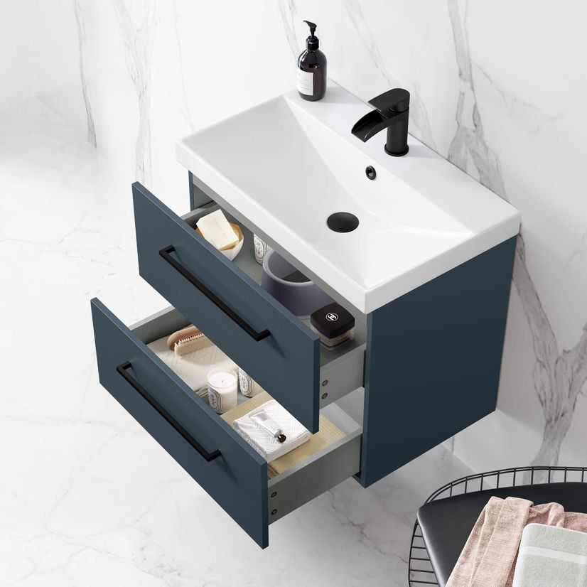 Elba Inky Blue Wall Hung Basin Drawer Vanity 600mm - Black Accents