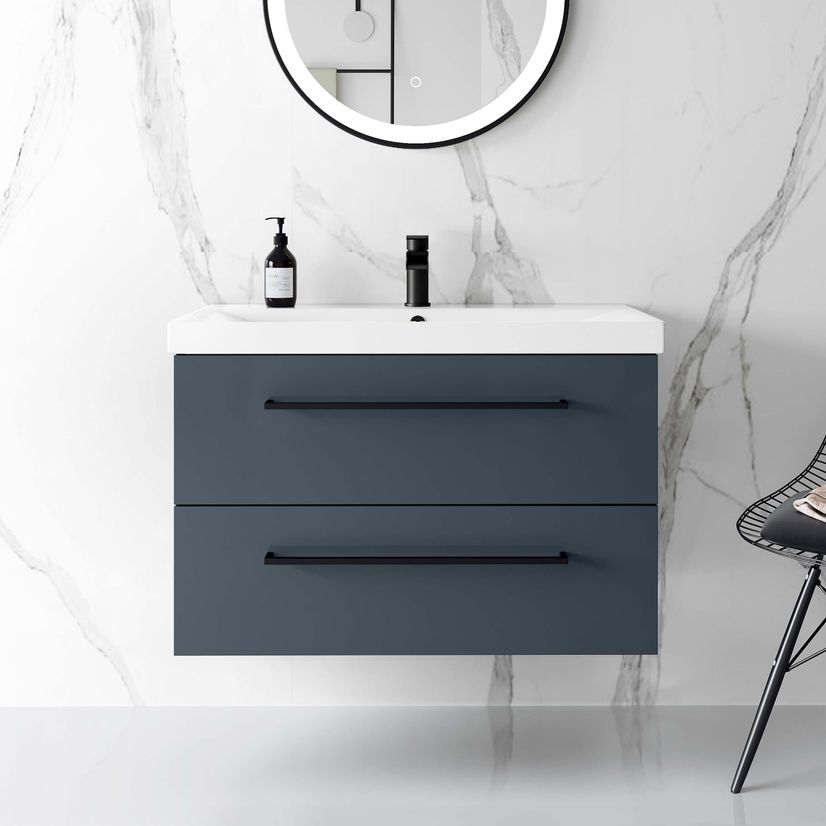 Elba Inky Blue Wall Hung Basin Drawer Vanity 800mm - Black Accents