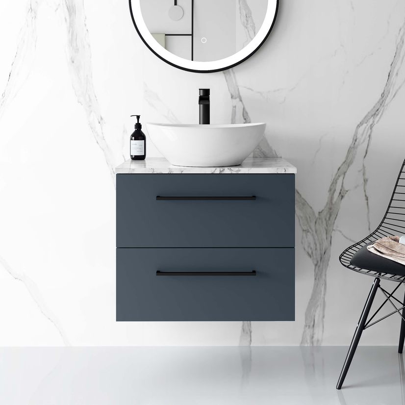 Elba Inky Blue Wall Hung Drawer Vanity with Marble Top & Oval Counter Top Basin 600mm - Black Accents