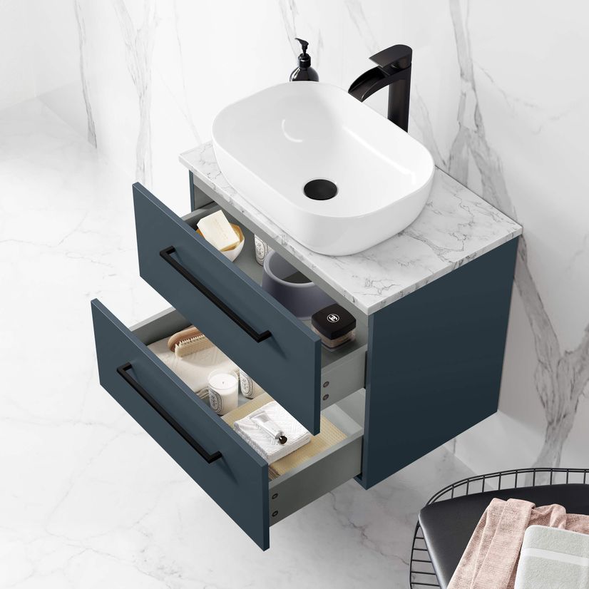 Elba Inky Blue Wall Hung Drawer Vanity with Marble Top & Curved Counter Top Basin 600mm - Black Accents