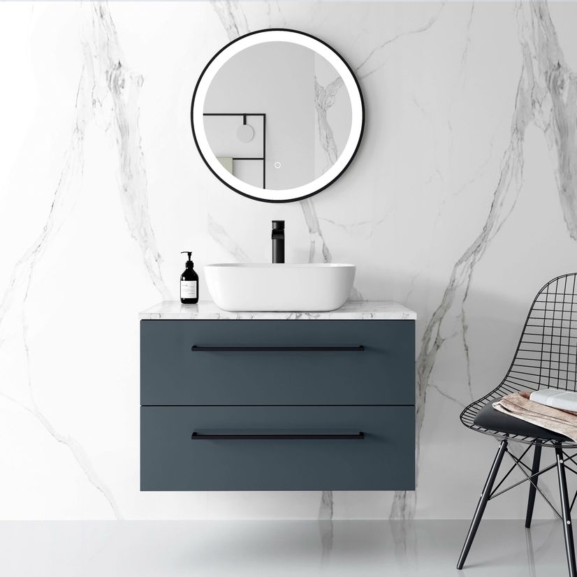 Elba Inky Blue Wall Hung Drawer Vanity with Marble Top & Curved Counter Top Basin 800mm - Black Accents