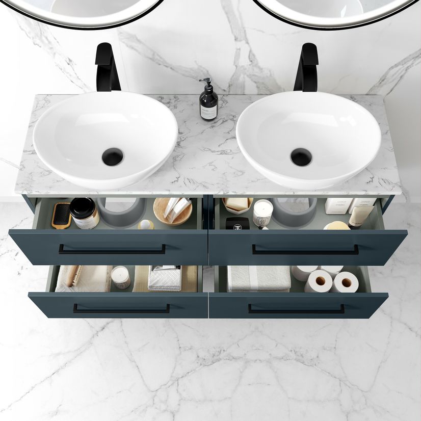 Elba Inky Blue Double Wall Hung Drawer Vanity with Marble Top & Oval Basin 1200mm - Black Accents