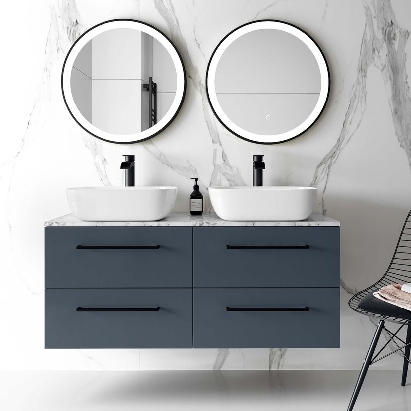 Elba Inky Blue Double Wall Hung Drawer Vanity with Marble Top & Curved Basin 1200mm - Black Accents
