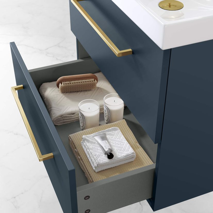 Elba Inky Blue Wall Hung Basin Drawer Vanity 600mm - Brushed Brass Accents