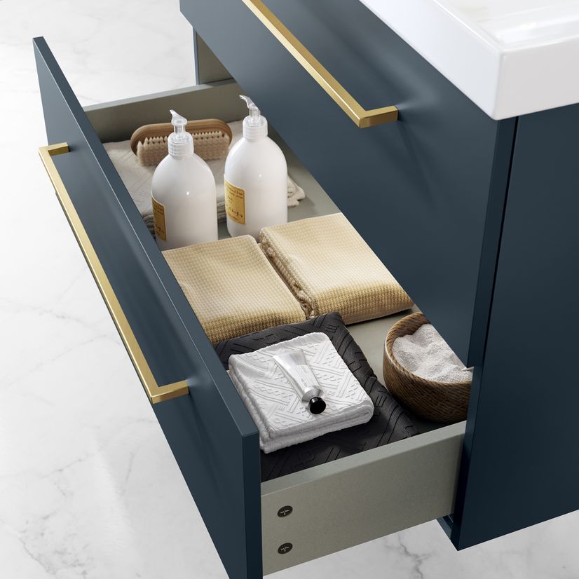 Elba Inky Blue Wall Hung Basin Drawer Vanity 800mm - Brushed Brass Accents