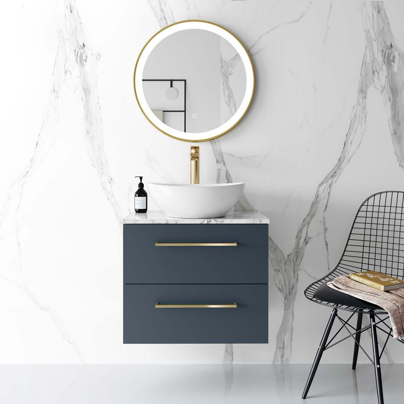 Elba Inky Blue Wall Hung Drawer Vanity with Marble Top & Oval Counter Top Basin 600mm - Brushed Brass Accents