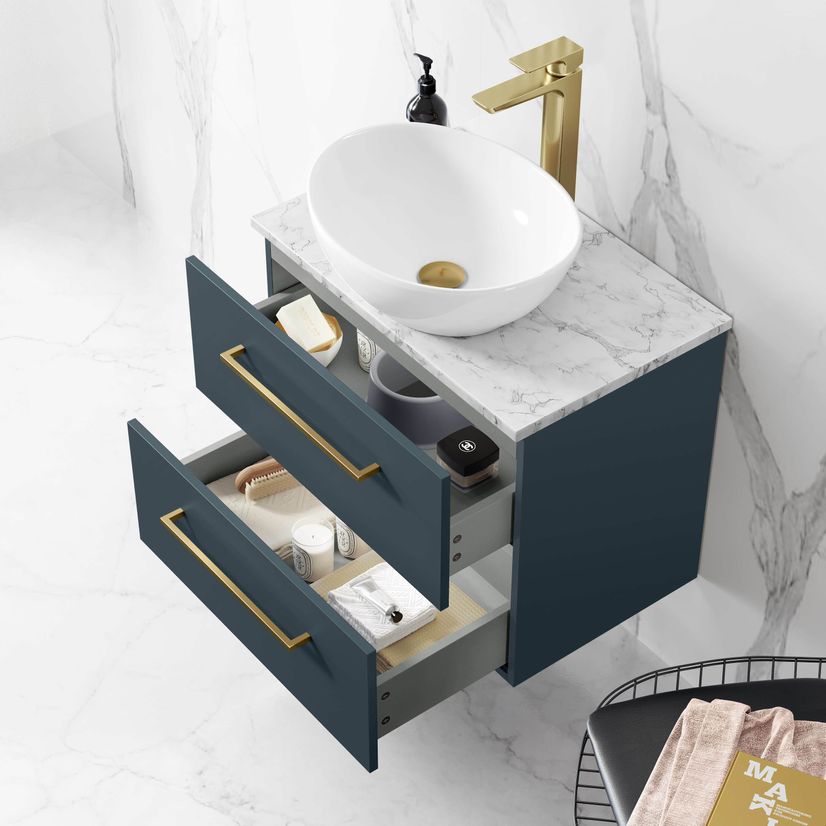 Elba Inky Blue Wall Hung Drawer Vanity with Marble Top & Oval Counter Top Basin 600mm - Brushed Brass Accents