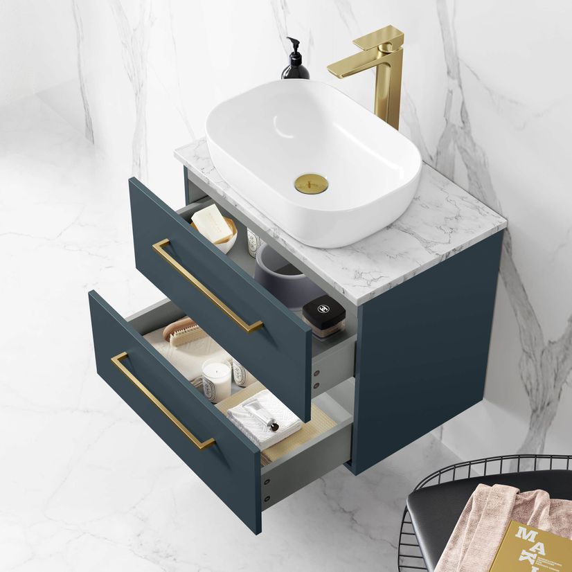 Elba Inky Blue Wall Hung Drawer Vanity with Marble Top & Curved Counter Top Basin 600mm - Brushed Brass Accents