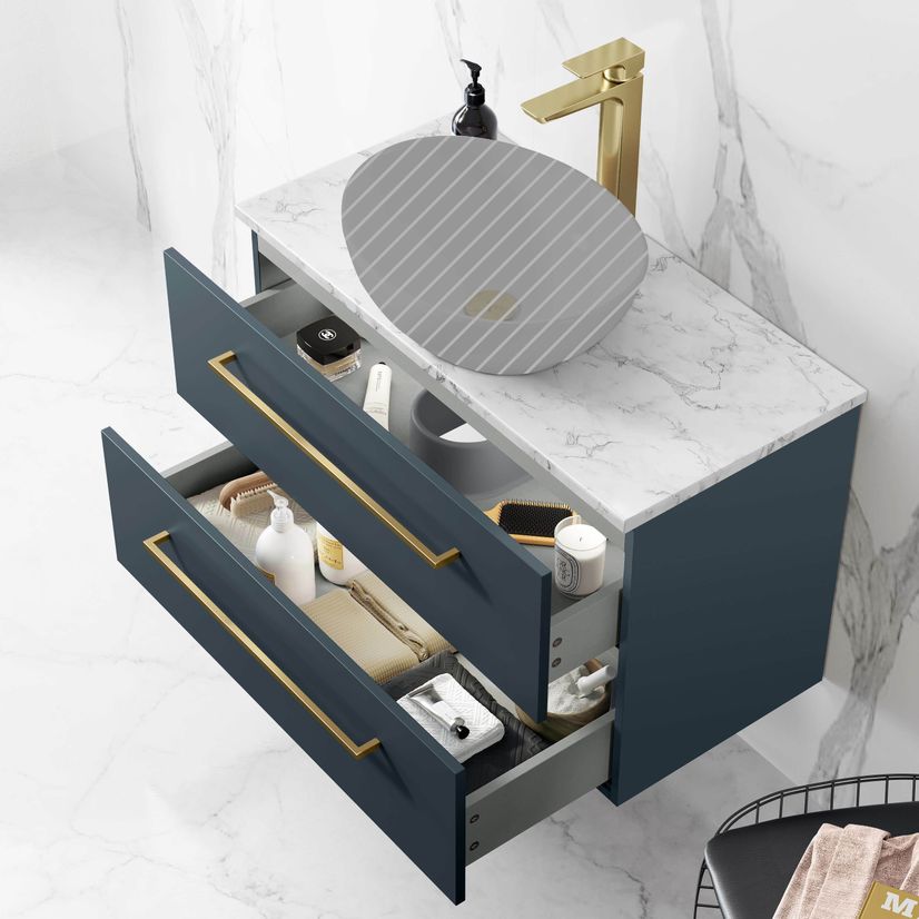 Elba Inky Blue Wall Hung Drawer 800mm Excludes Counter Top Basin - Brushed Brass Accents