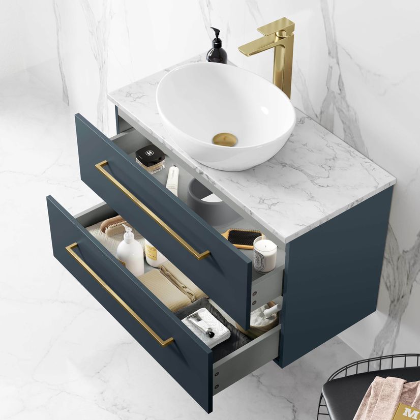 Elba Inky Blue Wall Hung Drawer Vanity with Marble Top & Oval Counter Top Basin 800mm - Brushed Brass Accents