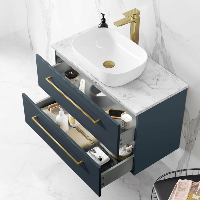 Elba Inky Blue Wall Hung Drawer Vanity with Marble Top & Curved Counter Top Basin 800mm - Brushed Brass Accents