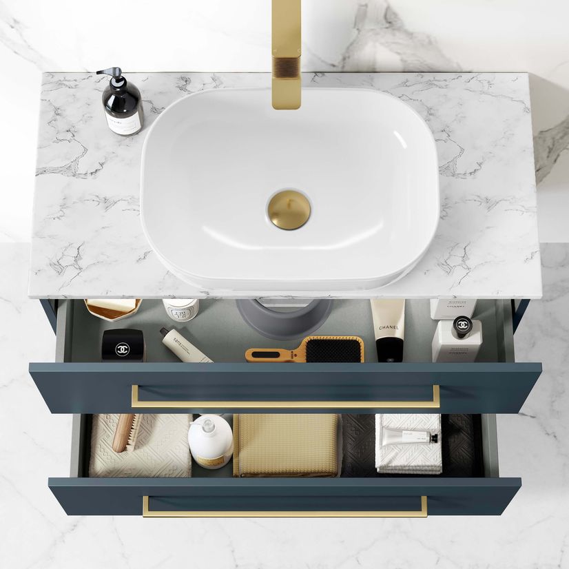 Elba Inky Blue Wall Hung Drawer Vanity with Marble Top & Curved Counter Top Basin 800mm - Brushed Brass Accents