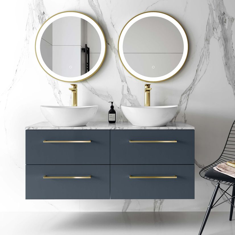 Elba Inky Blue Double Wall Hung Drawer Vanity with Marble Top & Oval Basin 1200mm - Brushed Brass Accents