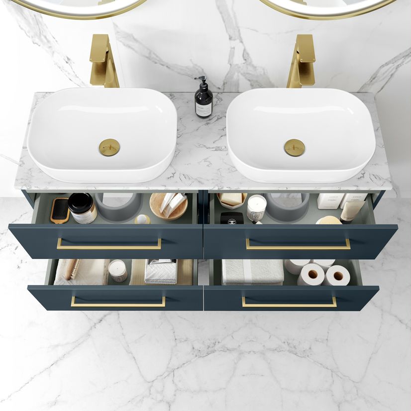 Elba Inky Blue Double Wall Hung Drawer Vanity with Marble Top & Curved Basin 1200mm - Brushed Brass Accents