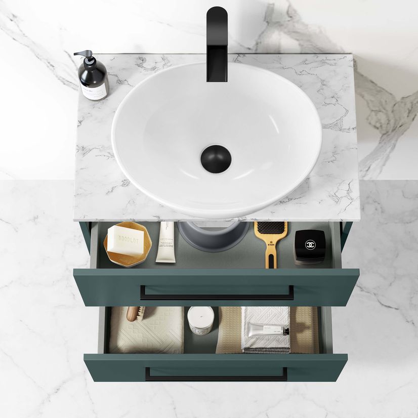 Elba Midnight Green Wall Hung Drawer Vanity with Marble Top & Oval Counter Top Basin 600mm - Black Accents