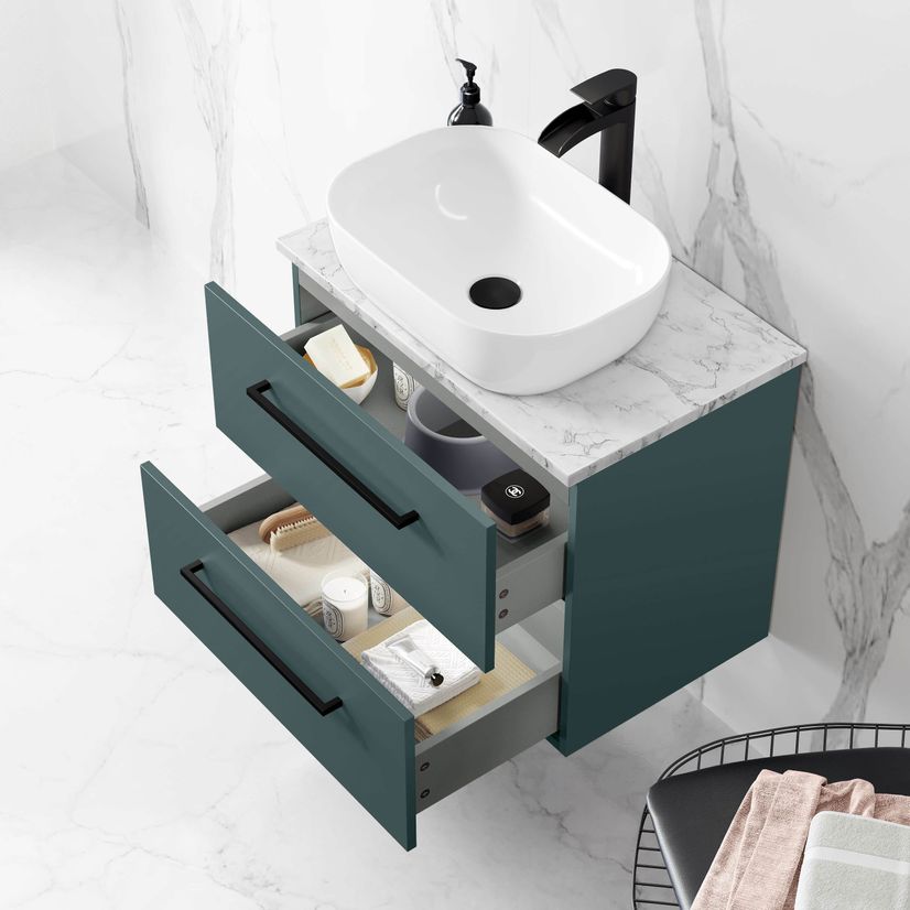 Elba Midnight Green Wall Hung Drawer Vanity with Marble Top & Curved Counter Top Basin 600mm - Black Accents