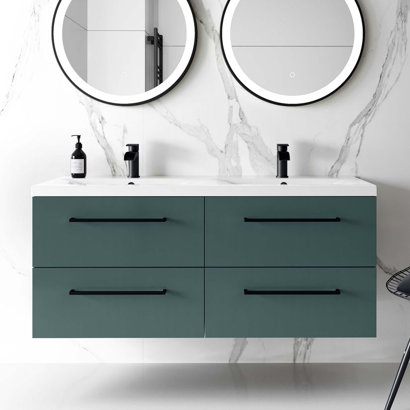 Elba Midnight Green Wall Hung Double Basin Drawer Vanity 1200mm - Black Accents