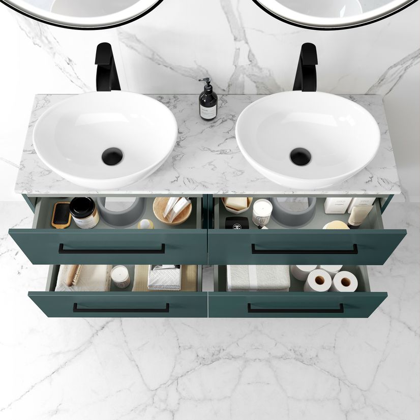 Elba Midnight Green Double Wall Hung Drawer Vanity with Marble Top & Oval Basin 1200mm - Black Accents