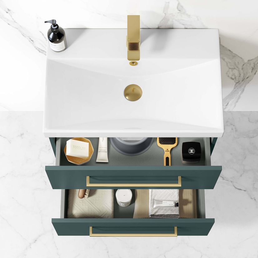 Elba Midnight Green Wall Hung Basin Drawer Vanity 600mm - Brushed Brass Accents