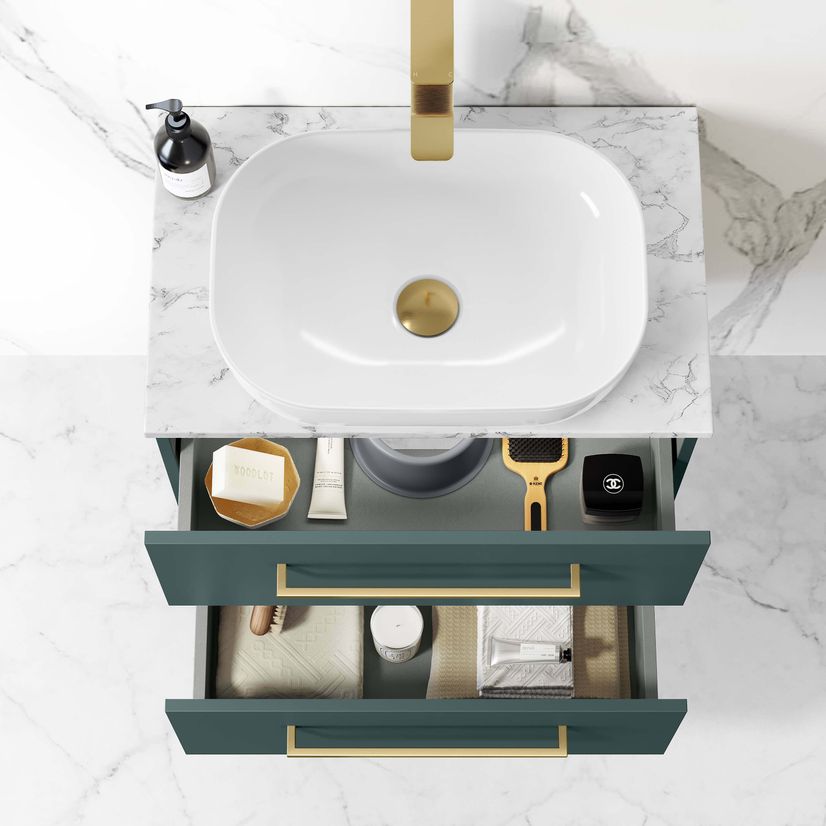 Elba Midnight Green Wall Hung Drawer Vanity with Marble Top & Curved Counter Top Basin 600mm - Brushed Brass Accents