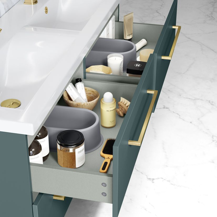 Elba Midnight Green Wall Hung Double Basin Drawer Vanity 1200mm - Brushed Brass Accents