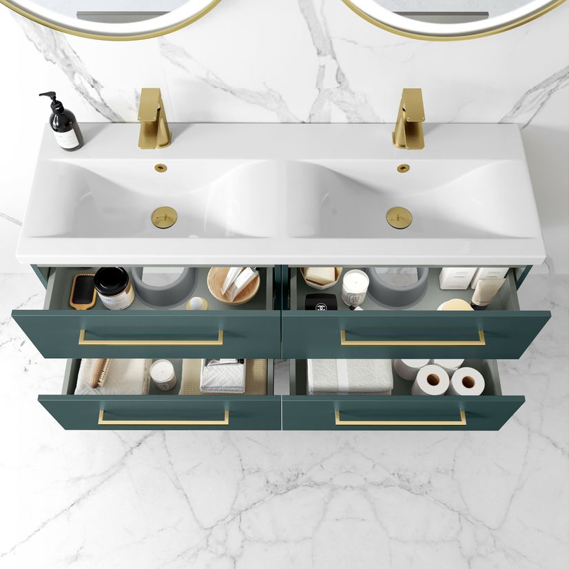 Elba Midnight Green Wall Hung Double Basin Drawer Vanity 1200mm - Brushed Brass Accents