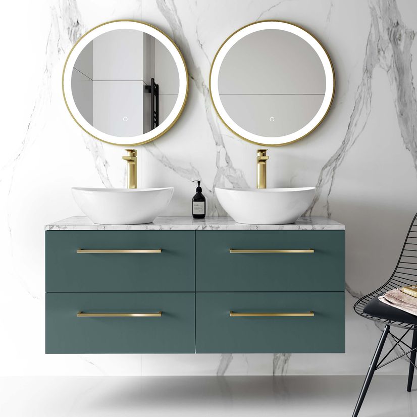 Elba Midnight Green Double Wall Hung Drawer Vanity with Marble Top & Oval Basin 1200mm - Brushed Brass Accents
