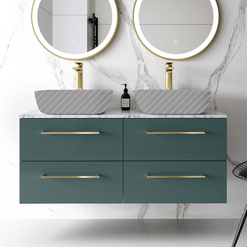 Elba Midnight Green Wall Hung Drawer with Marble Top 1200mm Excludes Basins - Brushed Brass Accents