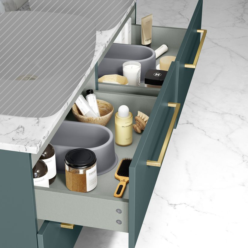 Elba Midnight Green Wall Hung Drawer with Marble Top 1200mm Excludes Basins - Brushed Brass Accents