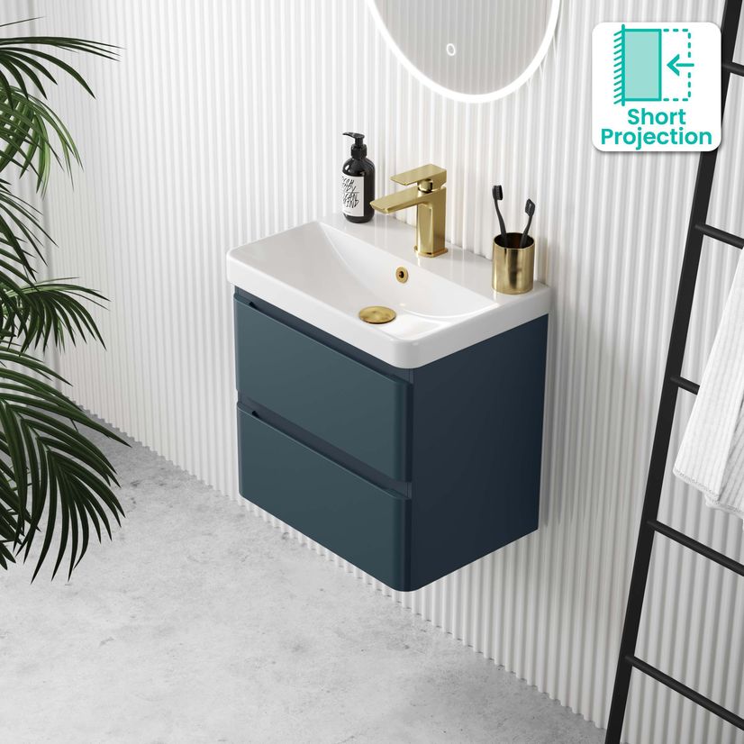 Corsica Inky Blue Wall Hung Short Projection Basin Drawer Vanity 500mm