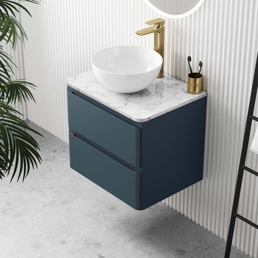 Corsica Inky Blue Wall Hung Drawer Vanity with Marble Top & Round Counter Top Basin 600mm