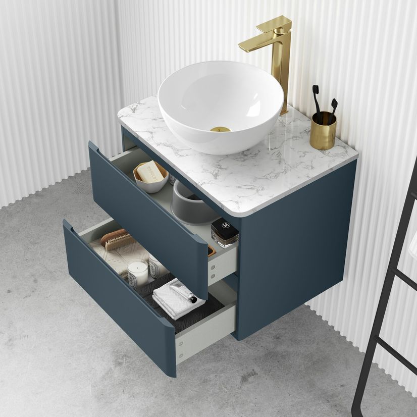 Corsica Inky Blue Wall Hung Drawer Vanity with Marble Top & Round Counter Top Basin 600mm