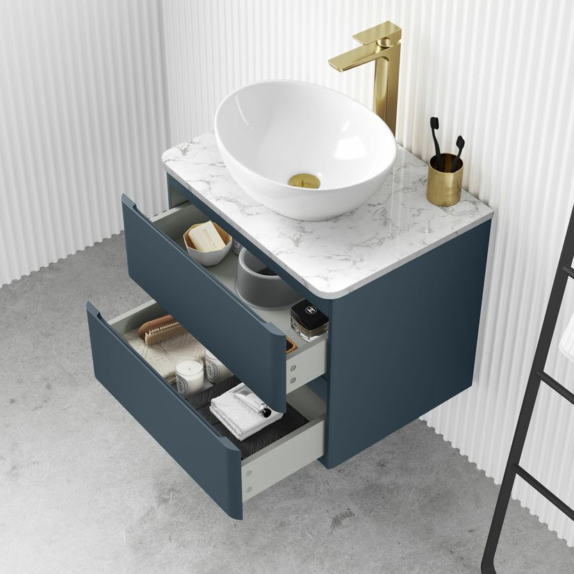 Corsica Inky Blue Wall Hung Drawer Vanity with Marble Top & Oval Counter Top Basin 600mm