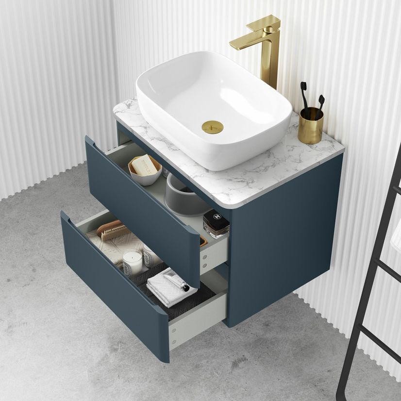 Corsica Inky Blue Wall Hung Drawer Vanity with Marble Top & Curved Counter Top Basin 600mm