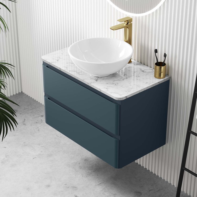 Corsica Inky Blue Wall Hung Drawer Vanity with Marble Top & Round Counter Top Basin 800mm