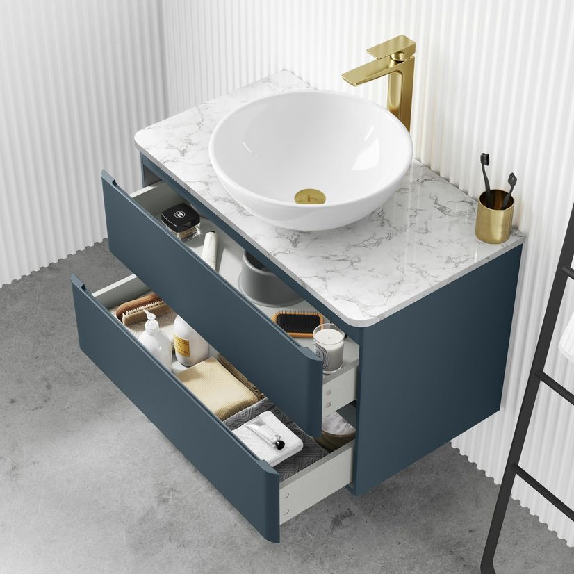 Corsica Inky Blue Wall Hung Drawer Vanity with Marble Top & Round Counter Top Basin 800mm