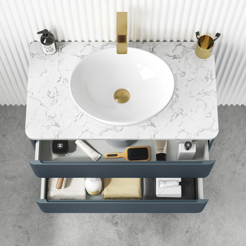 Corsica Inky Blue Wall Hung Drawer Vanity with Marble Top & Oval Counter Top Basin 800mm