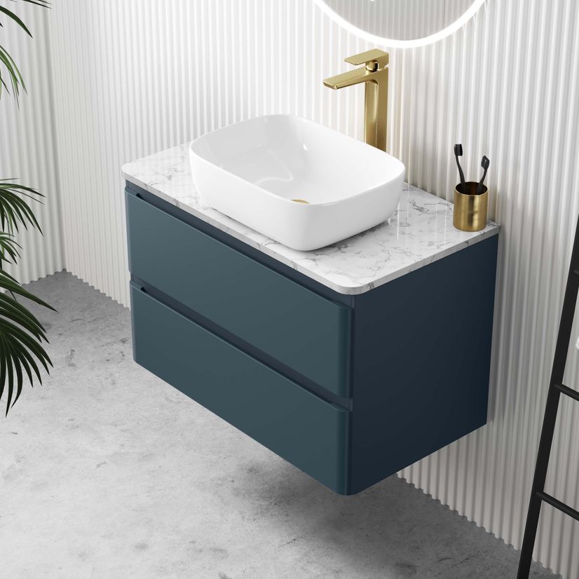 Corsica Inky Blue Wall Hung Drawer Vanity with Marble Top & Curved ...