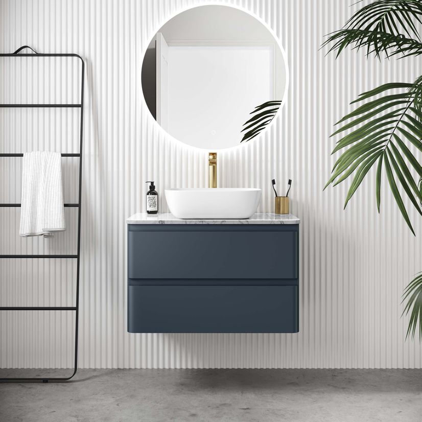 Corsica Inky Blue Wall Hung Drawer Vanity with Marble Top & Curved Counter Top Basin 800mm